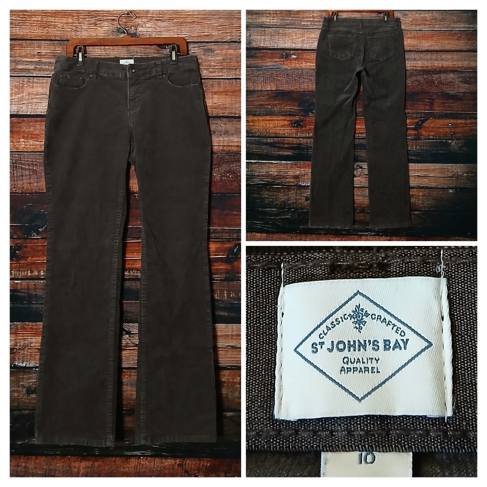 St Johns Bay Corduroy Pants 10 Brown Straight Leg Mid Rise Stretch
